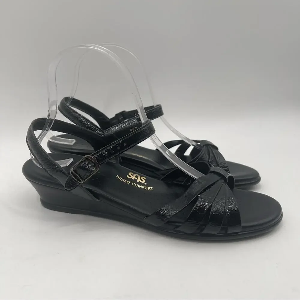 SAS Sandals 9.5 SLIM Strippy Quarter Strap Wedge Black Patent Leather 9.5 SLIM